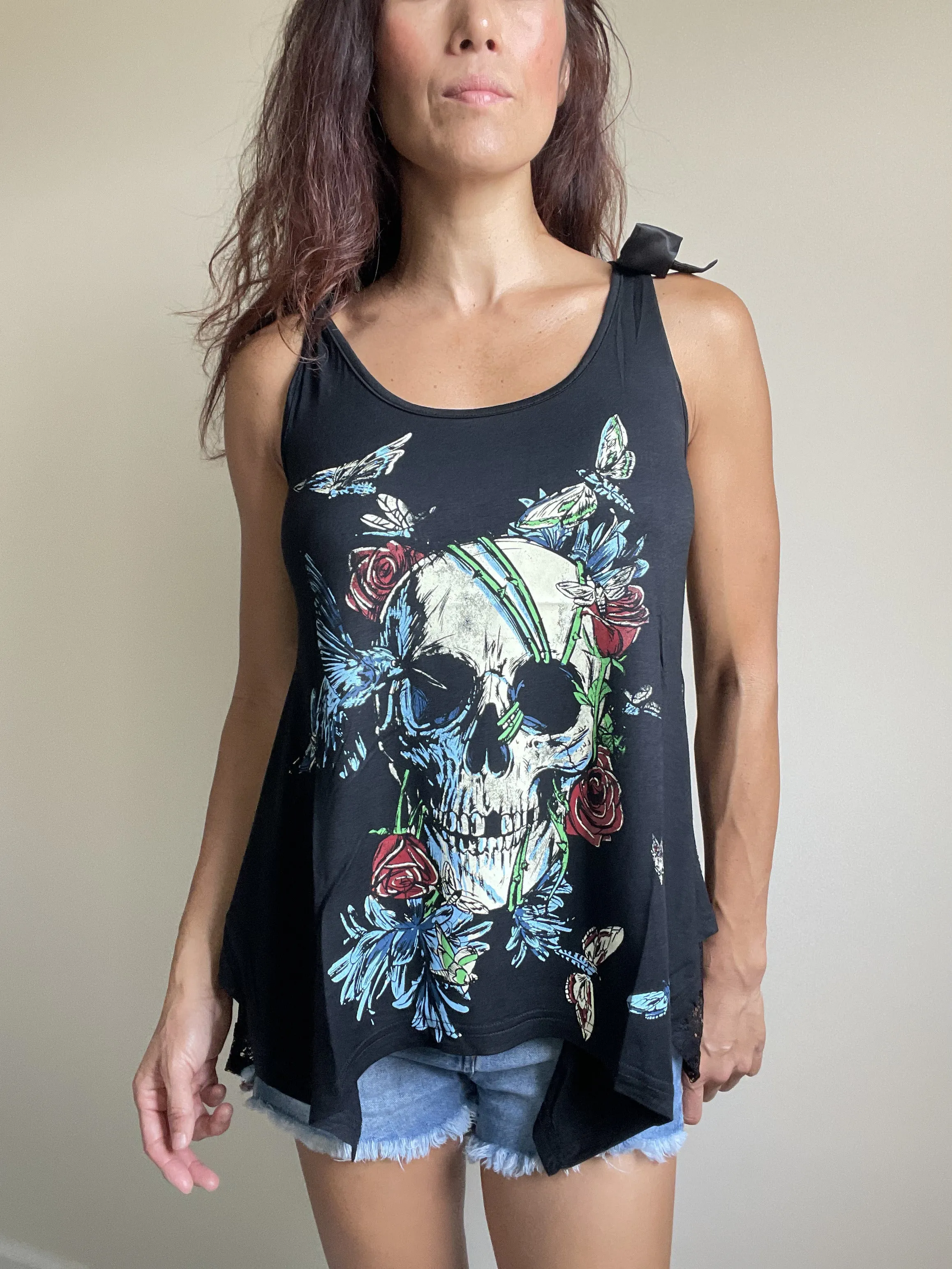 Skull Flower and Moth Black Skull Lace Flowy Tank Top