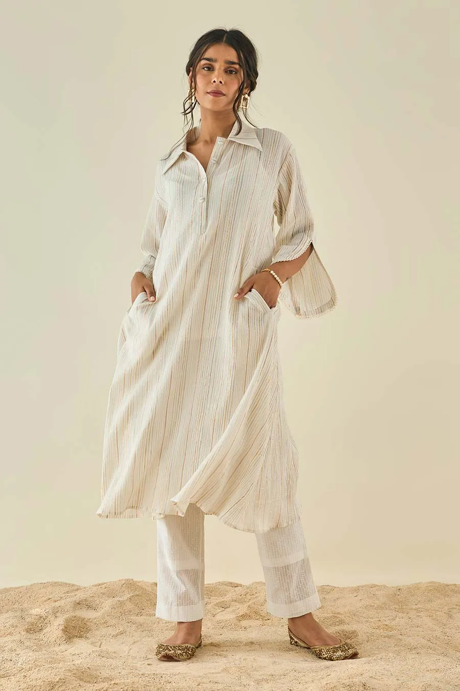 White Stripe Shimmer Kurta & Pant Set