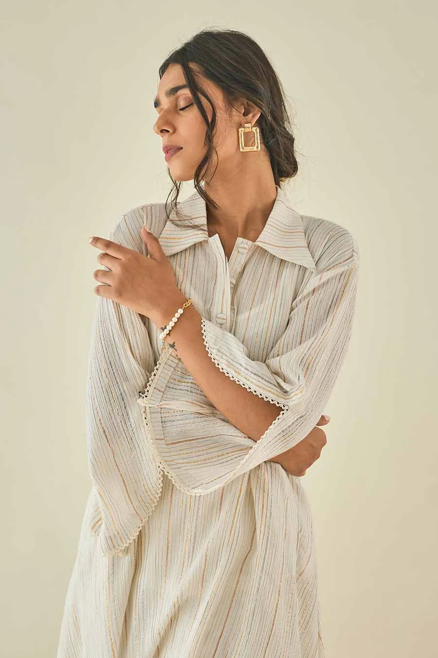 White Stripe Shimmer Kurta & Pant Set