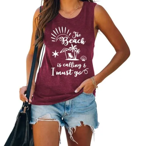 Women Beach is Calling & I Must Go Sleeveless Shirt for Women Beach Tank Top
