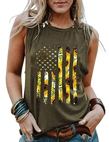 Women Sunflowers American USA Flag Patriotic Tank 4th of July Tank Top for Women