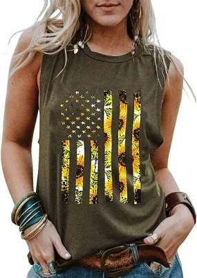 Women Sunflowers American USA Flag Patriotic Tank 4th of July Tank Top for Women