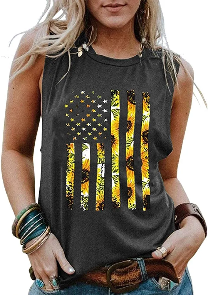 Women Sunflowers American USA Flag Patriotic Tank 4th of July Tank Top for Women