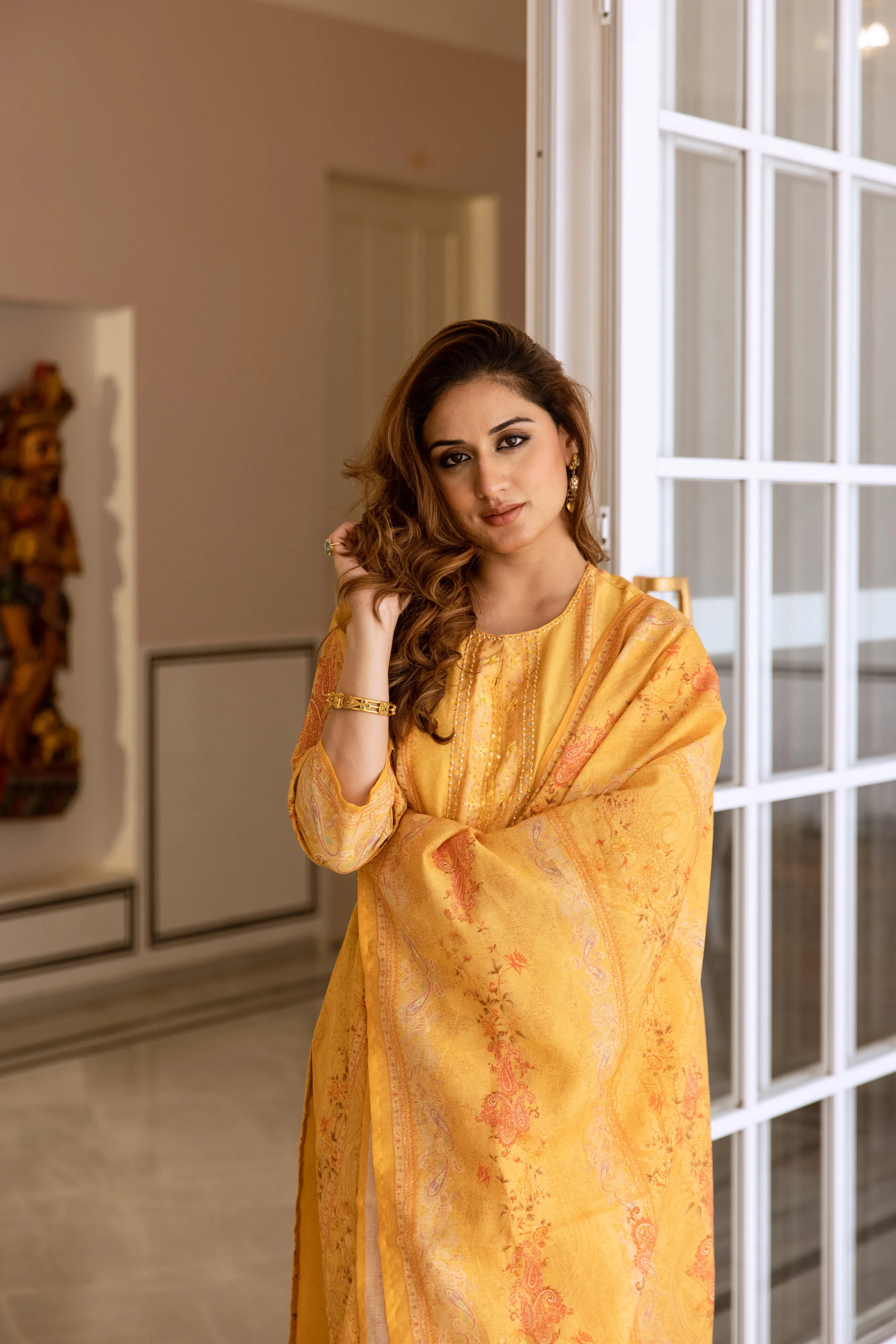 womens Mustard Modal Shimmer Kurta Pant and Dupatta Set